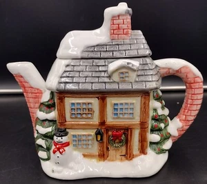 Vintage festliches Winter Weihnachtsdorf Landhaus Deko Teekanne Schneemann - Bild 1 von 10