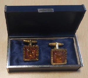 Manschettenknöpfe Bernstein Art Sammlerstück goldfarben Originalkassette - Bild 1 von 3