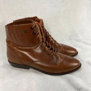 Etienne Aigner Brown Leather Ankle Boots Womens 7.5 Lace Up Combat Booties-flaw - Picture 1 of 17