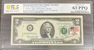 1976 $2 Two Dollar Bill - Stamped First Day Issue 4/13/1976 PCGS 63 PPQ FDOI V1 - Picture 1 of 2
