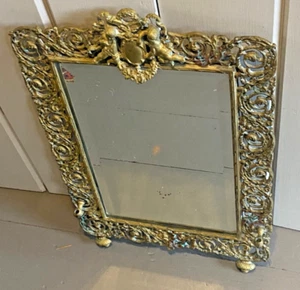 Antiguo aplique vela espejo pared colgante biselado querubín bronce latón grande 24"H - Imagen 1 de 20