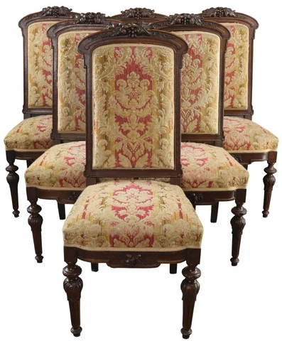 DINING CHAIRS RENAISSANCE SET 7 ANTIQUE 1880 RED UPHOLSTERED OAK CARVED GRAPES Cover
