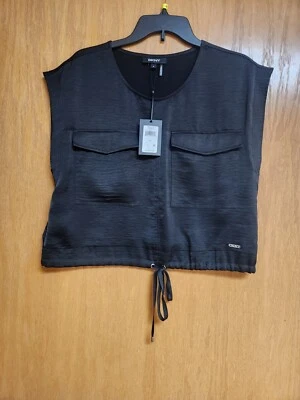 DKNY Black Short Sleeve Top. Bow Accent. Pockets. NWT. Med. - Image 1 of 4
