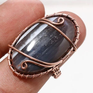 Blue Opal Gemnstone Ring Handmade Unique Ethnic Wire Wrap Copper Jewelry 8" E399 - Picture 1 of 6