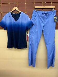 NEW Ceil Blue Print Scrubs Set With Koi Large Top & Wink Large Tall Pants NWT