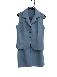 Two-Piece Light Blue Skirt Suit Set Sleeveless Button-Up Vest Pencil Skirt - Picture 1 of 10