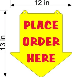 DOPPELSEITIGES BESTELLSCHILD HIER GELB PLEXIGLAS PFEIL 13" x 12" - Bild 1 von 1