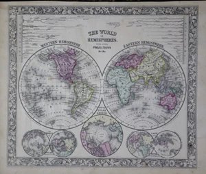 1862 Map ~ WORLD HEMISPHERES - LONGEST RIVERS by S. A. Mitchell (12x15)-#30 - Picture 1 of 2