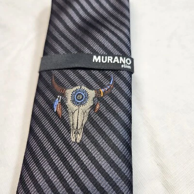 Murano Mens Tie  58" Striped Black/Gray Neck Tie 100% silk NWT 03 - Image 1 of 4