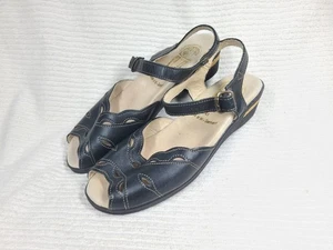 Worishofer 41 US10 Black Leather Scalloped Ankle Strap Germany Low Wedge Comfort - Picture 1 of 11