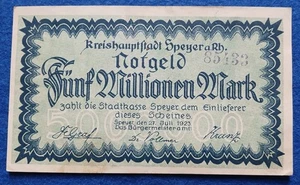 08 012 Notgeld Stadt Speyer 5 Millionen Mark, 27.7.1923, KN schwarz 5-stellig - Picture 1 of 2
