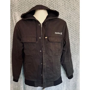 Hurley Mens Flannel Lined Hooded  Black Canvas Denim Jacket- Small Chore Rugged - Picture 1 of 5