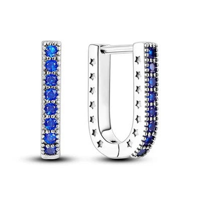 MULA Europäische U Form Hoop Ohrringe Blau CZ Frauen Schmuck 925 Sterling Silber - Bild 1 von 4