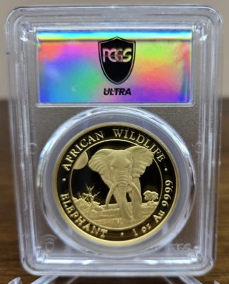 2025 1 oz Gold Somalia Afr. Elephant PCGS Ultra Breaks MS70 Infinity Label 1/1 - Image 1 of 4