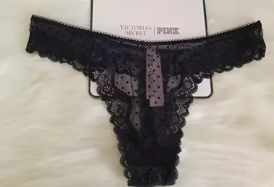 VICTORIA'S SECRET TEASE MESH LACE TRIM HIGH LEG THONG PANTY LARGE BLACK NWT - Image 1 of 4