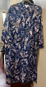 Miss Elaine long full-zip satin robe Large blue/pink floral print satin piping - Picture 1 of 8