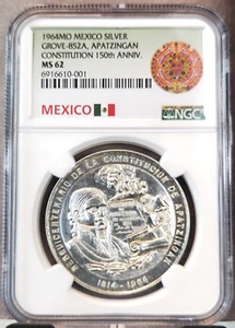 1964 MEXICO SILVER GROVE 852a APATZINGAN CONSTITUTION ANNIVERSARY NGC MS 62 RARE - Picture 1 of 3