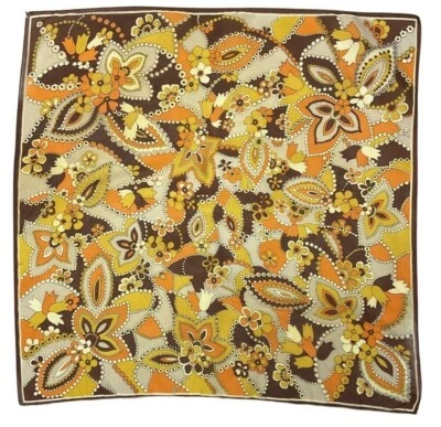 VINTAGE 60s 70s BROWN ORANGE YELLOW BEIGE FLORAL DAISY MOD BOHO SCARF - Image 1 of 4
