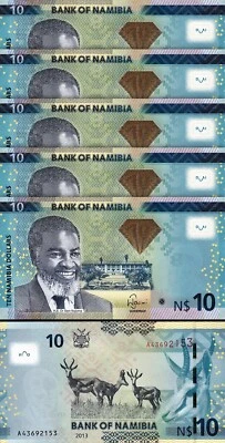 Namibia 10 Dollars 2013, UNC, 5 Pcs LOT, Consecutive, P-11b, With DIAMOND - Image 1 of 4