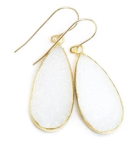Druzy Earrings Bright White AAA Bezel Teardrops 14k Gold Filled Drusy Druse - Picture 1 of 2