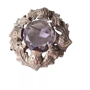 Vintage Miracle Scottish Thistle Brooch w/a Large Faceted Purple Glass Stone - Picture 1 of 7