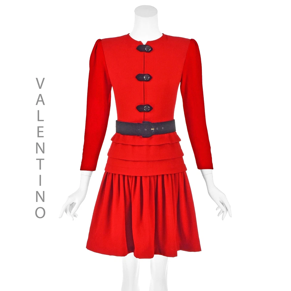 Mini Vestido VALENTINO Vintage Rojo Lana Crepé con Acentos de Terciopelo Negro Talla 4 Pequeño Foto 1 de 4