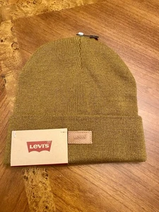 Levi's Signature Brown Comfy Leather Logo Patch Beanie Unisex Hat One Size Brown - Picture 1 of 3