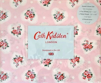 Juego de sábanas de algodón de 4 piezas Cath Kidston London rosa LACE HEARTS Queen ajuste profundo nuevo Foto 1 de 4
