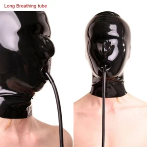 Capucha de látex con tubo de respiración de control largo fetiche BDSM cremallera trasera máscara de goma - Imagen 1 de 3