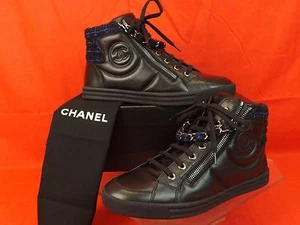 NIB CHANEL G31316 BLACK NAVY TWEED LEATHER CC LOGO 2X ZIP CHAIN SNEAKERS 40.5 - Picture 1 of 12