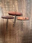 Lot Of 3 Small Antique Direct Pull Corkscrews Wood Handles Unmarked