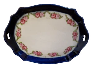 ANTIQUE VANITY DRESSER PLATE TRINKET TRAY BLUE w/ PINK ROSES GERMANY 6-1/2" RARE - Picture 1 of 9