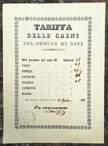 GASTRONOMIA - NEPI - Tariffa delle Carni, 1862 - Viterbo - MACELLERIA - REGNO - Picture 1 of 1
