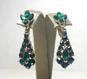 Pendientes colgantes vintage corona trifari verde esmeralda como cristal tono dorado - Imagen 1 de 10