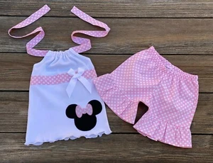 Pink White Polka Dot Minnie Mouse Short Set Outfit | Minnie Mouse Girl Clothing - Picture 1 of 1