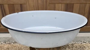 Large Enamel Ware Tub Basin Oval Wash Bowl 25 White Black Baby Bath Farmhouse - Picture 1 of 20