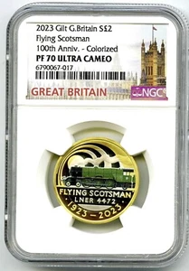 2023 2PD GREAT BRITAIN GILT SILVER COLOR PROOF NGC PF70 UCAM FLYING SCOTSMAN - Picture 1 of 2
