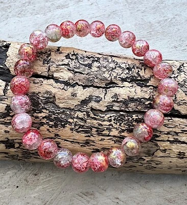 Perlen Armband Perlenarmband elastisch Glasperlen Crashoptik rot/gold 19cm NEU - Bild 1 von 2