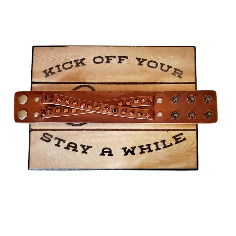 Rust Brown Boho Leather Distressed Cuff Braclet with Topaz Swarovski Crystals. - Image 1 of 4