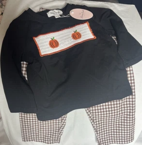 Marie Nicole Boys Smocked Pumpkin Set XS Black Thanksgiving Fall Gingham Pants - Picture 1 of 10