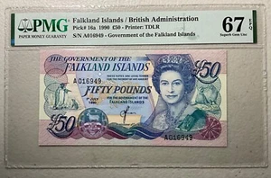 1990 Falkland Islands 50 Pound Pick #16a PMG 67 EPQ Superb Gem Unc - Picture 1 of 2