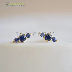 Mini aretes de zafiro azul natural de oro amarillo de 14 k hechos a mano joyería regalo - Imagen 1 de 3