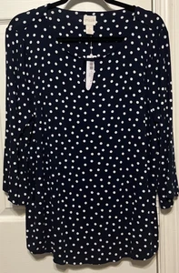 Top tejido manga 3/4 ojo de cerradura Chico's Deep Navy muchos puntos talla 2 (12/14) nuevo con etiquetas - Imagen 1 de 11