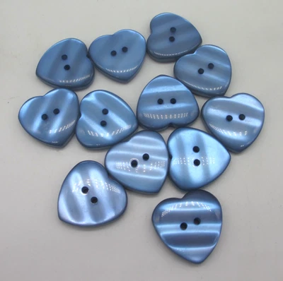 1" Wide Thick BLUE Heart Shape Plastic Two-Hole Flat Back Buttons -  12 pieces - Image 1 of 4