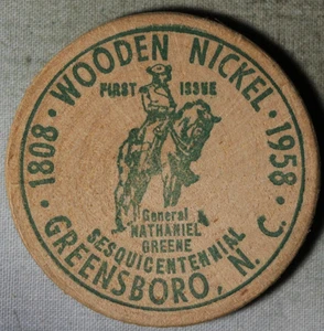 Greensboro, NC North Carolina Wooden Nickel GEN. NATHANIEL GREEN 1958 - Bild 1 von 2