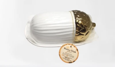 Новый глобальный дизайн соединения белый покрытый желудь масло блюдо с золотой желудевой крышкой - Изображение 1 из 4