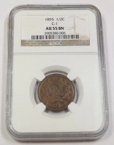 1855 P PCGS AU55 BN Brown | Braided Hair Half Cent - 1/2c US Coin #41777A Cover