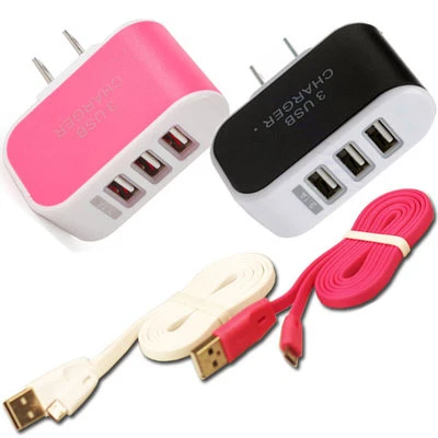 Triple USB Charging Port Data w/ Cable wall Charger Cord for Adriod Cell phones - Image 1 of 4
