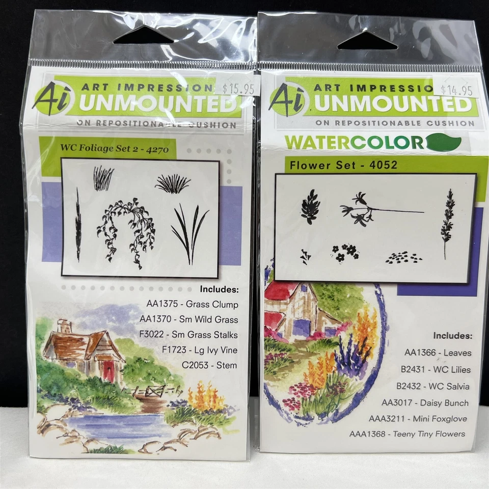 Art Impressions Watercolor FLOWER & FOLIAGE Sets 2 Rubber Stamps Lot  - Image 1 of 1