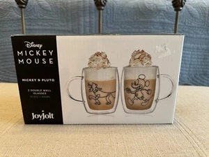 JoyJolt Disney Mickey Mouse & Pluto 2 Double Wall Glass Cups Mugs 13.5 oz - Picture 1 of 21